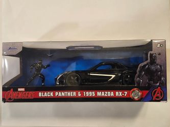 2023 JADA 1:32 SCALE DIECAST METAL. MARVEL AVENGERS BLACK PANTHER. 1995 MAZDA RX-7.  WITH BLACK PANTHER DIECAST METAL FIGURE.