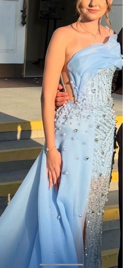 Light Blue Beaded One-Shoulder Formal Gown