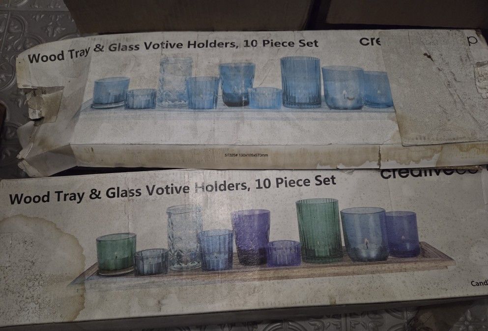 Wood Tray & Votive Holders, 10 Piece Set