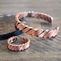 Pure Copper Bracelet and Ring Set, Magnetic Copper Jewelry Set, Adjustable Copper Cuff and Ring, Arthritis Relief Gift for Men Women

Description

Ele