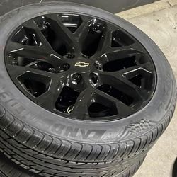 22” SNOWFALKE WHEELS RIMS GLOSS BLACK + TIRES SILVERADO SIERRA TAHOE-WE FINANCE NO CREDIT OK