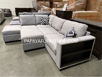 Reversible New Plush Sectional Sofa, Fabric Couch, Grey Sofa, Gray Couch, Sectional with built-in Shelves armrest, Sectional and Ottoman, Storage Otto