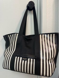 Henri Bendel black and white stripe pet carrier tote bag
