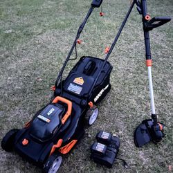 WORX 40V Battery Powered Push Mower, Weed Eater, And Charger Combo Deal 