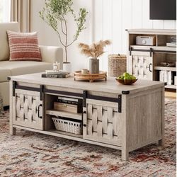 Coffee Table with Storage & Sliding Barn Doors, Farmhouse & Industrial Cocktail Table w/Adjustable Shelves, Rectangular Rustic Living Room Table for L
