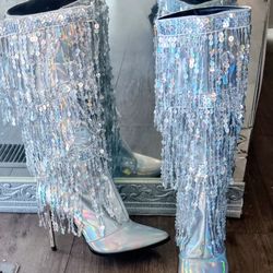 Holiday Dress Boots Silver Sequin Holographic  Fringe With Gold Heel 71/2