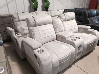 Plush Gray Sofa Set with LED Lights, Bluetooth Speakers, Subwoofer, USB Ports and More!