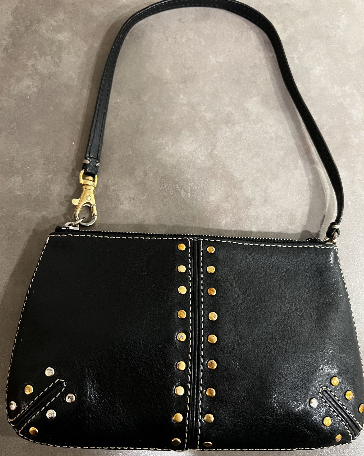 Michael Kors Vintage Small Leather Mini Shoulder Bag Wristlet Black Gold Studded Zip Closure