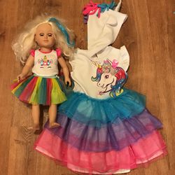 XS 4/5 Girl Unicorn Dress With Doll