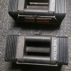 Pair of PowerBlock adjustable dumbbells (5–50 lbs each).