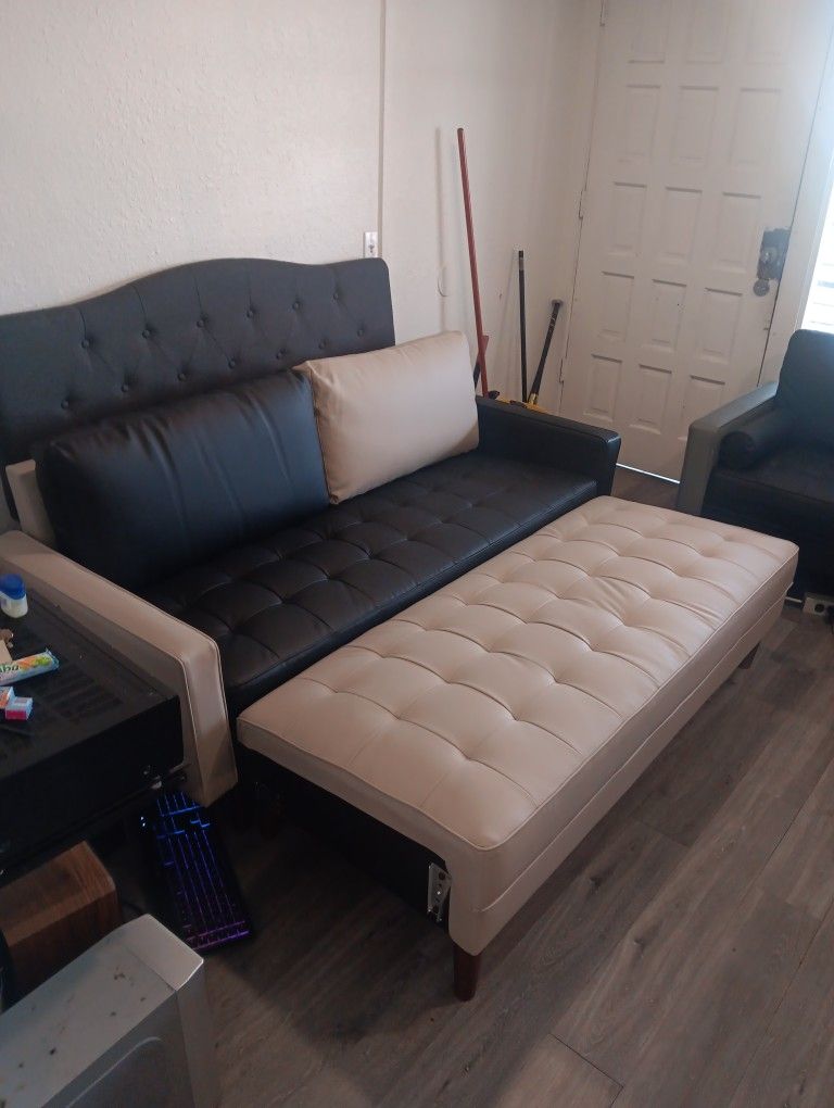 Black And White Beige Faux Leather Couch Long