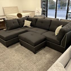 Black Sofa Sectional Set W/ottoman 