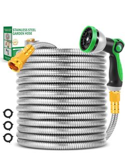 Garden Hose 50FT, Stainless Steel Metal Water Hose with 10-Function Nozzle No-Kink, Leak-Proof, Wear-Resistant, 3/4 GHT, Easy to Use and Store for Gar