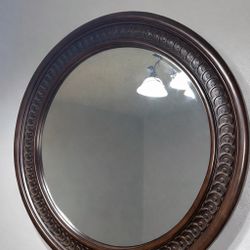 Large 37” Round Decorative Wall Mirror – Dark Wood Frame