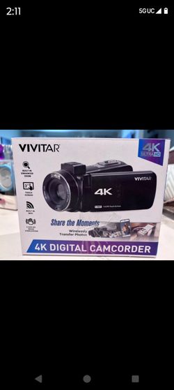 New in  box. Vivitar 4K Ultra Digital Camcorder. WiFi. Touch screen. Night vision. Enhanced zoom. Image stabilizer.