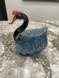 Baby Blue Hand  Blown Glass Swan Vase 