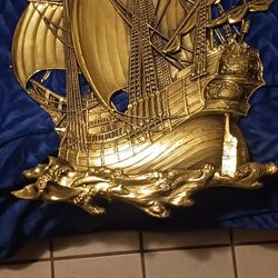 VINTAGE 1958 Syroco Large Wall Hanging Plaque Decor - Gold Pirate Sailing Ship RARE