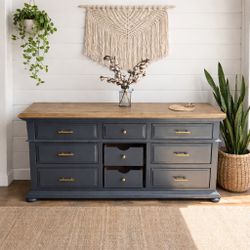 Modern BOHO Farmhouse Gray Solid wood Dresser with Wood Top & Gold Hardware