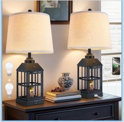 25" Farmhouse Table Lamps for Living Room, Black Lamps Set of 2 with USB Port and Nightlight, Rustic Table Lamp for Bedroom, Bedside Lamp for Nightsta
