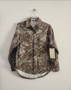 Ban-jara Camouflage, Button Down Utility Shirt Jacket (Shacket) Size:S Color: Olive/Brown/Tan