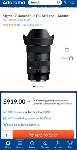 Sigma 17-40mm f/1.8 DC Art Lens, L Mount