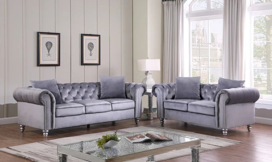 🔥 Sofa And Loveseat Set, Gray Velvet Fabric,  Brand New.