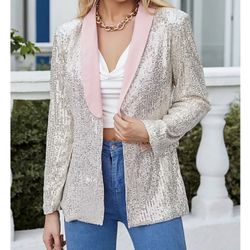 pi nk and silver sequin no button blazer