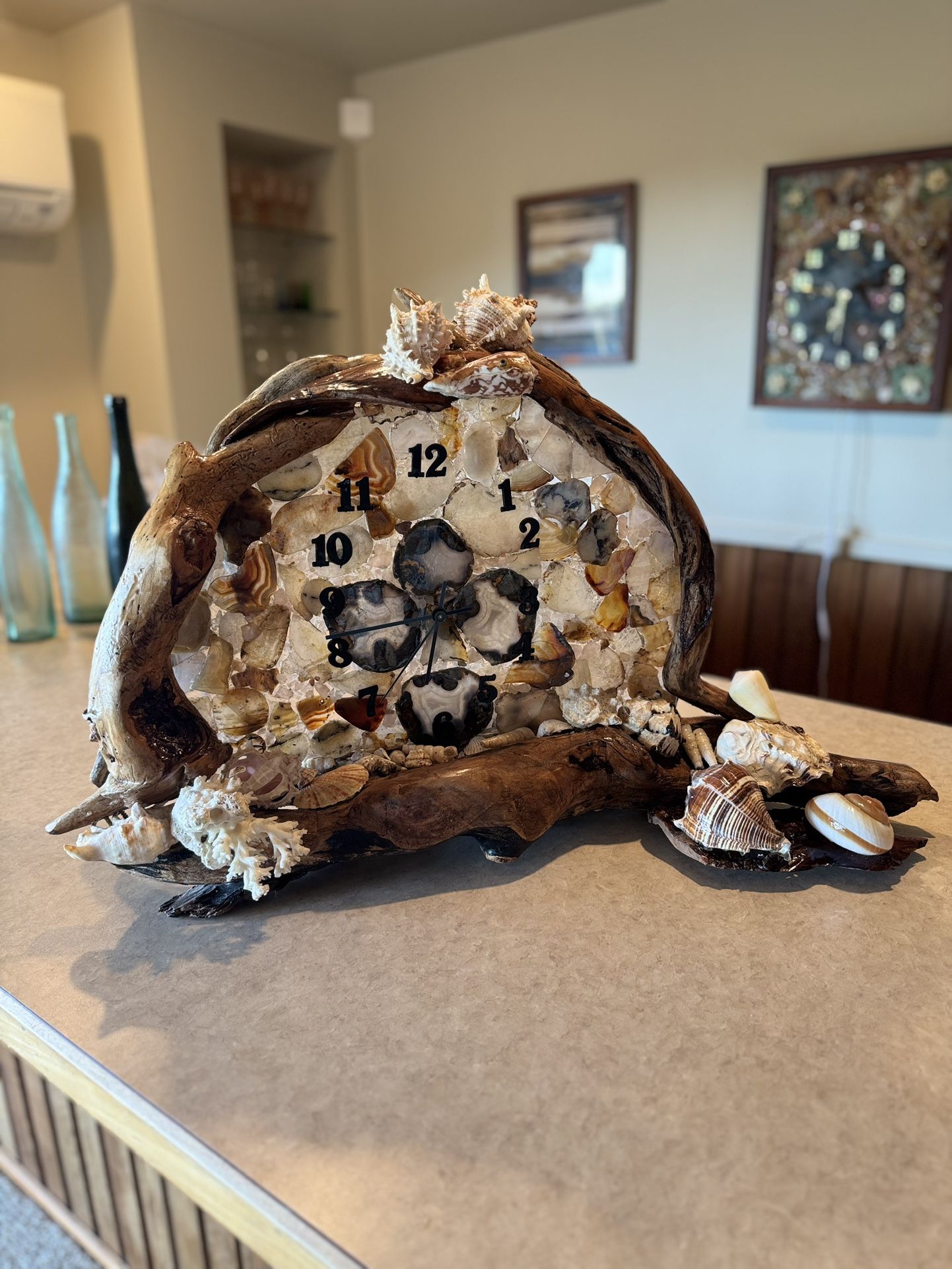 Stunning 27" Illuminated Driftwood & Seashell Clock - Remote LED, Natural Art Piece