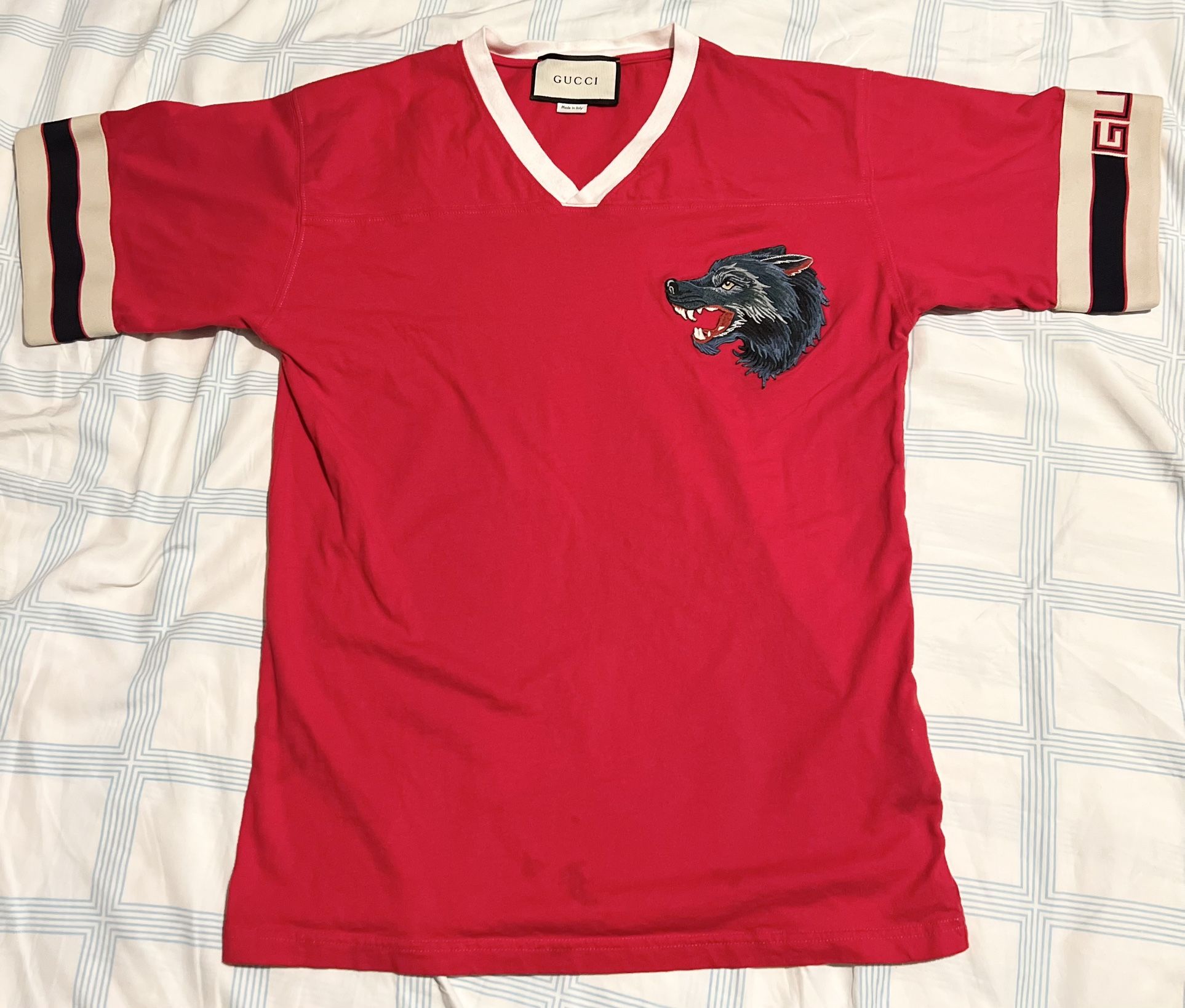 GUCCI Stripe T-Shirt With Wolf Head, Size L, Red