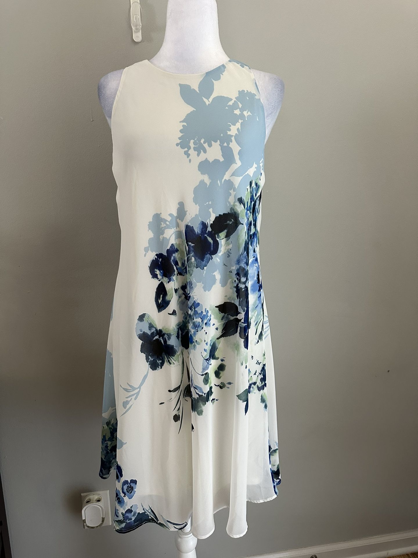 Lauren Ralph Lauren Floral Shift Dress 6 White Blue Sleeveless Chiffon Dress