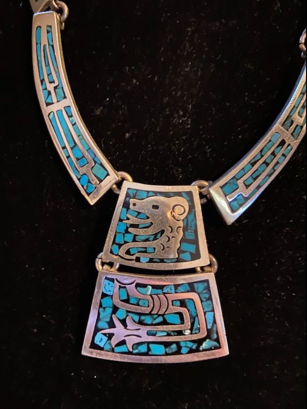 Vintage Mexican Turquoise Inlay Necklace, Mayan Aztec Coatl Snake God, Sterling