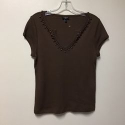 Women’s TALBOTS 100% Cotton Cap Sleeve Pull Over Brown Stretch Top… Size Petite Medium