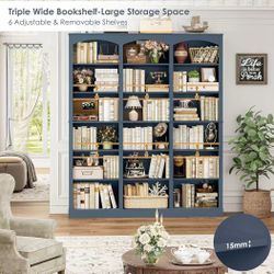 ❤️🔥 #A 71" Triple Wide Bookshelf, 6 Tier Large Arch Blue Bookcase Tall Book Shelf
