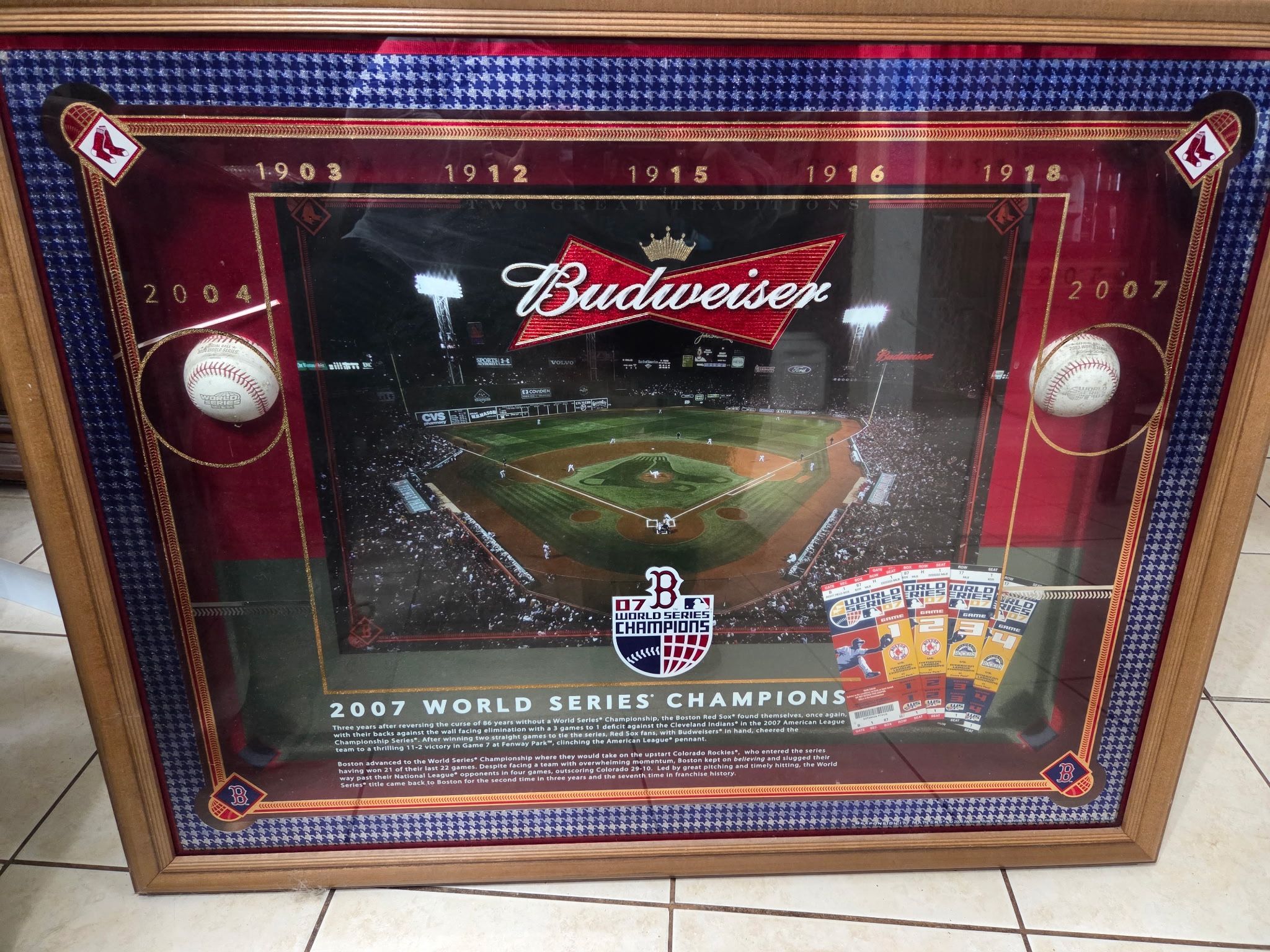 2007 Budweiser Red Sox World Series Champions Shadowbox Display 2004 And 2007 Official World Series, With (4) World Series Tickets , 101cm wide, 78cm