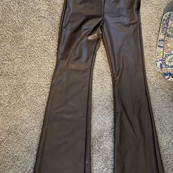 FOREVER 21 Brown Faux Leather Pants Large Elastic Wasteband Zipper Side