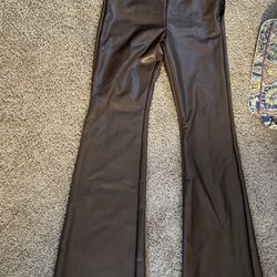 FOREVER 21 Brown Faux Leather Pants Large Elastic Wasteband Zipper Side