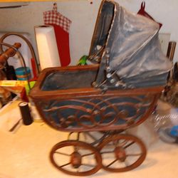 Antique Carriage For Doll Metal And Wicker