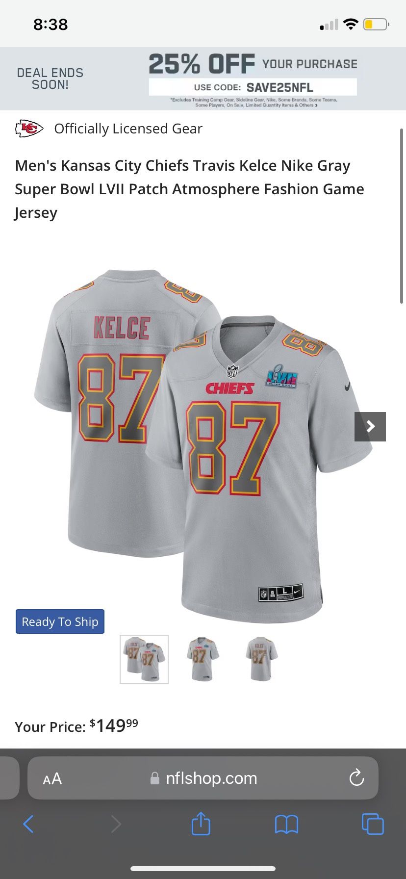 Travis Kelce Kansas City Chiefs Nike Super Bowl LVII Patch Atmosphere  Fashion Game Jersey - Gray