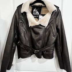 G.E.T. NEW Cute Faux Leather & Shearling Moto Biker Jacket Brown Size L