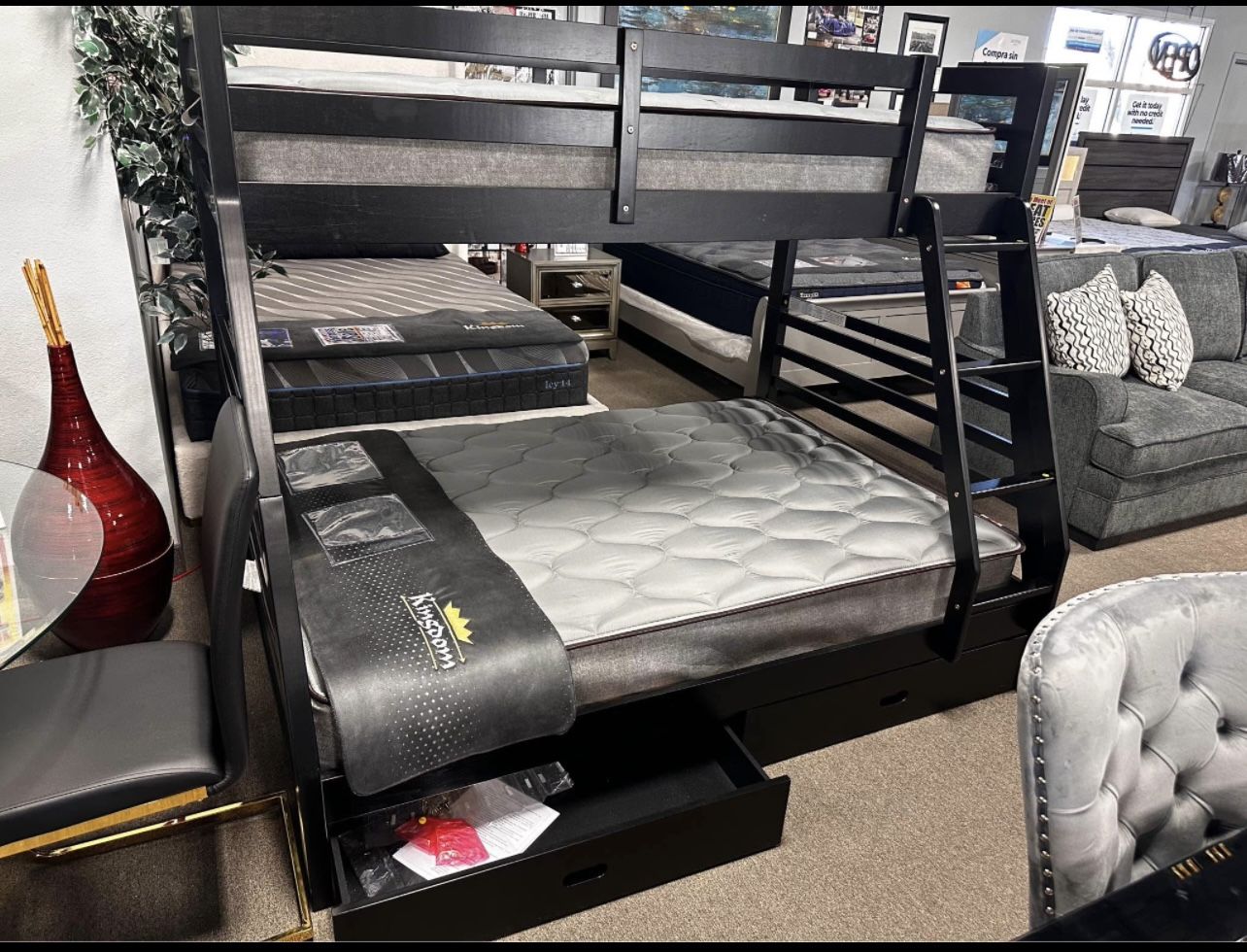 Black Friday Sale!!! Twin Over Full Storage Bunk Bed With Twin & Full Orthopedic Mattress