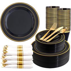 350 Pieces Black and Gold Plastic Plates with Disposable Silverware