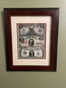3 $1 Dollar Bills. Large Notes Framed