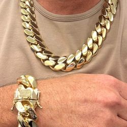 20mm Miami Cuban Link Gold Plated Set Chain & Bracelet 18k & 14k