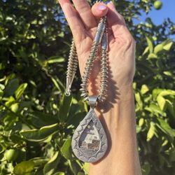Sterling Silver & 14K Gold Beaded Navajo Pearl Necklace with Signed Pueblo Scene Pendant By: Wilbur Anderson 