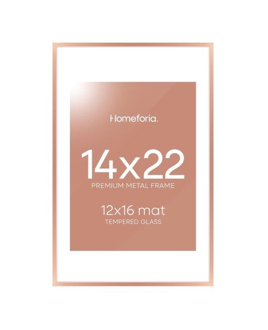 Tempered Glass Rose Gold Picture Frame 14x22", with Mat 12x16"