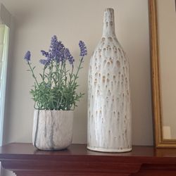 Two White Vases And Two Purple Flowers 
