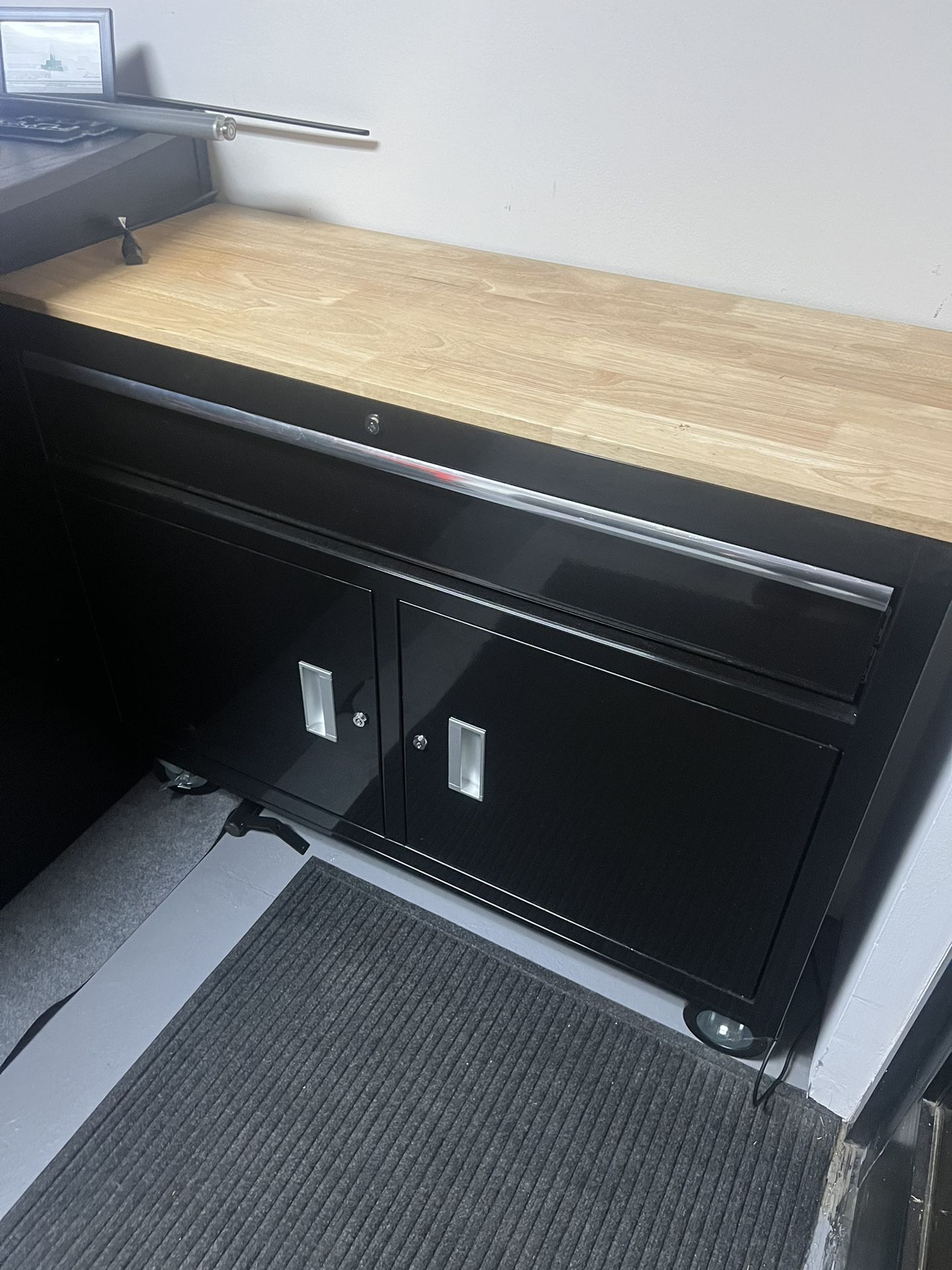 YUKON 46 in. Mobile Workbench with Solid Wood Top, Black