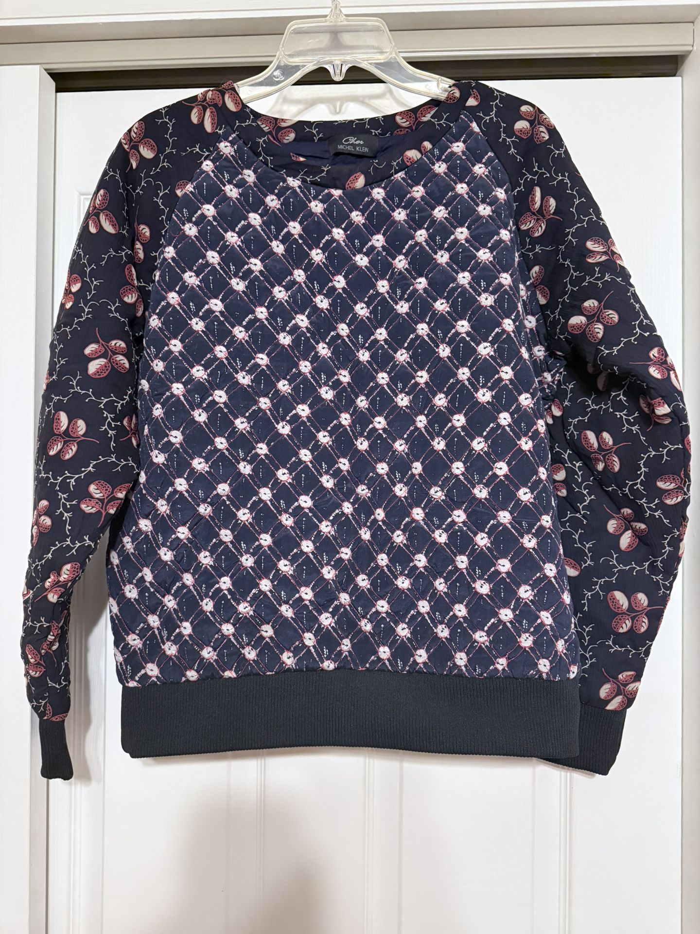 Michel Klein Navy Floral Patterned 100% Silk Quilted Top - Size Small