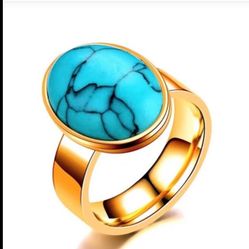 Unisex Retro Turquoise Yellow Gold Stainless Steel Ring / Anillo Turquesa Acero