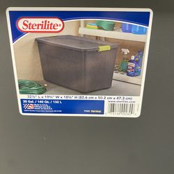 Sterilite 35 Gallon Latch Tote, Stackable Storage Bin with Latching Lid, Plastic Container to Organize Basement, Gray Base and Lid, 